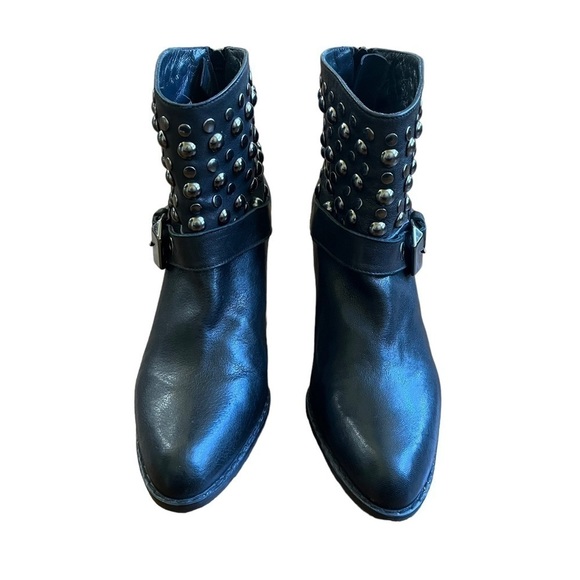 Stuart Weitzman Ankle Boots 8.5 Black Leather Studded Rocker Moto Grunge 3” Heel - Picture 3 of 12